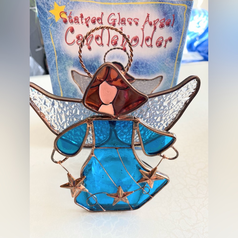 Blue and Copper Stained Glass Angel Candle Holder - Decorative Glass Art